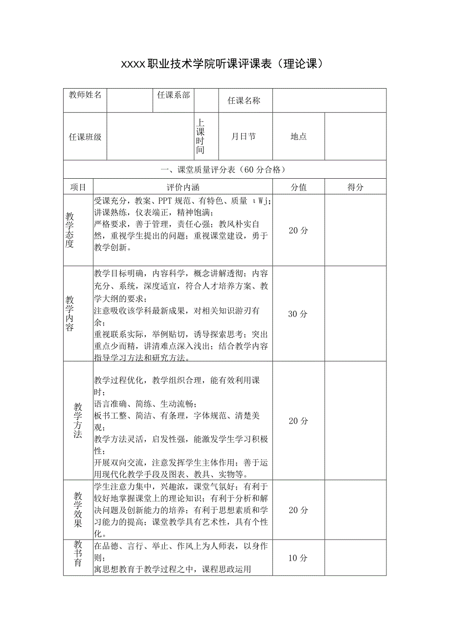 职业技术学院听课评课表(理论课).docx_第1页