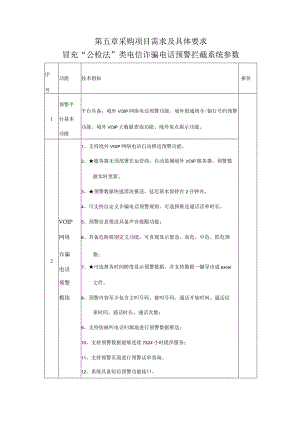 第五章采购项目需求及具体要求冒充“公检法”类电信诈骗电话预警拦截系统参数.docx
