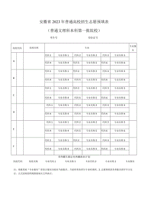 安徽省2023年普通高校招生志愿预填表（普通文理科本科第一批院校）.docx