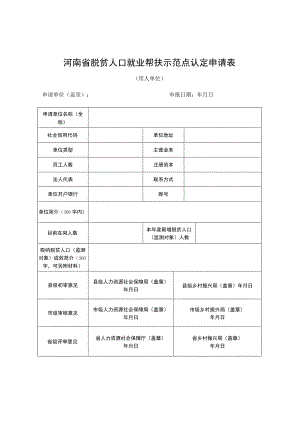 河南省脱贫人口就业帮扶示范点认定申请表（用人单位、搬迁安置区、行政村）.docx