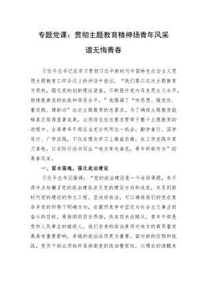 专题党课：贯彻主题教育精神+扬青年风采+谱无悔青春.docx