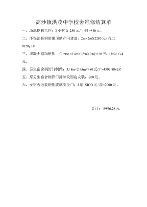 高沙镇洪茂中学校舍维修结算单.docx