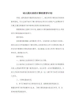 幼儿园大班的计算机教学计划范本.docx