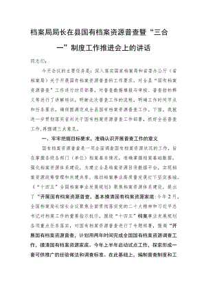 档案局局长在县国有档案资源普查暨“三合一”制度工作推进会上的讲话.docx