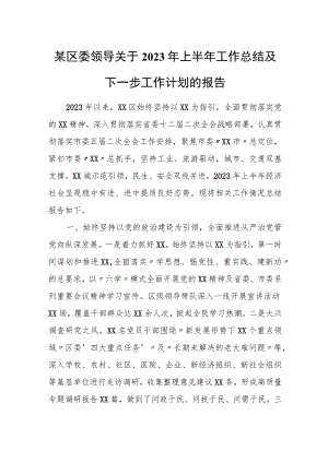 某区委领导关于2023年上半年工作总结及下一步工作计划的报告.docx
