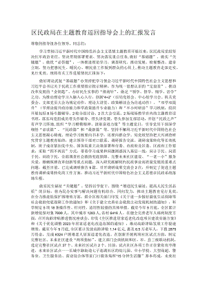 区民政局在主题教育巡回指导会上的汇报发言.docx