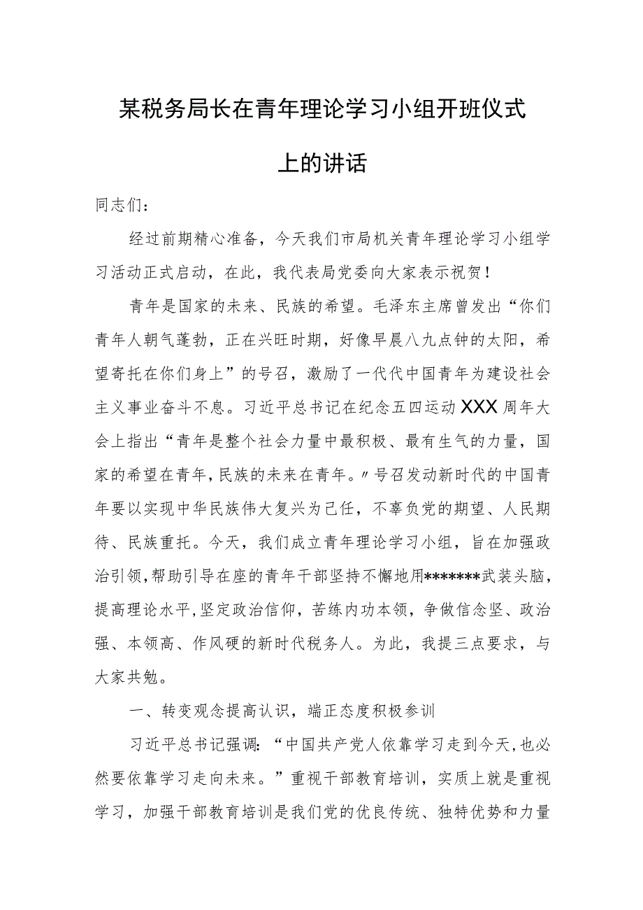 某税务局长在青年理论学习小组开班仪式上的讲话.docx_第1页