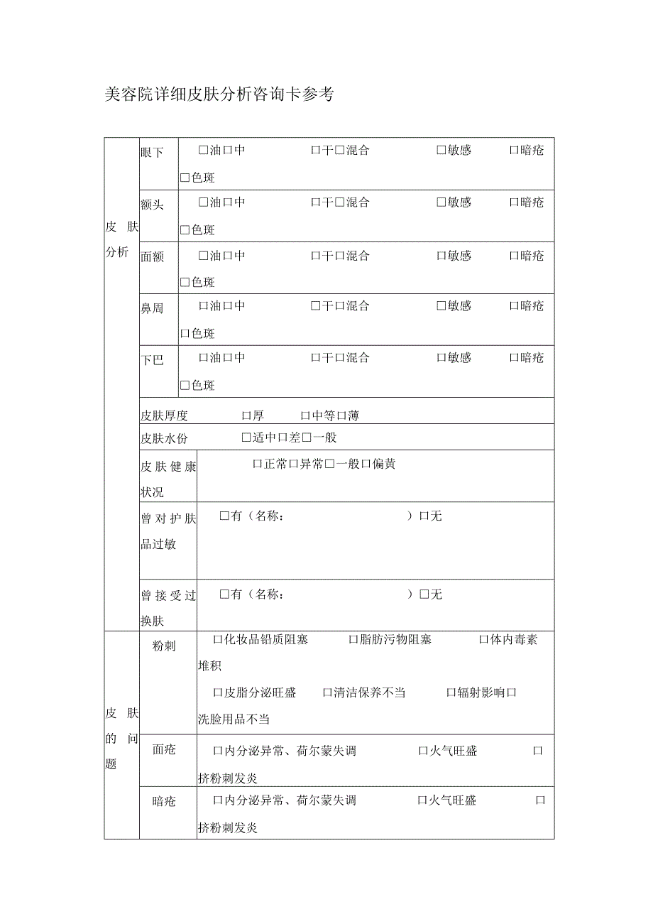 美容院详细皮肤分析咨询卡参考.docx_第1页
