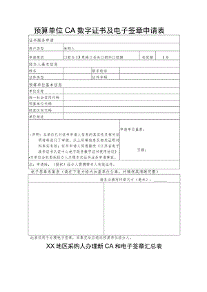 预算单位CA数字证书及电子签章申请表.docx