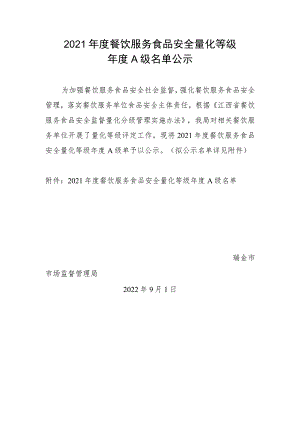 2021年度餐饮服务食品安全量化等级.docx