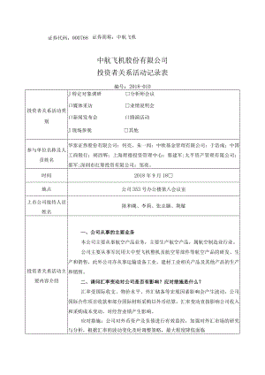 证券代码000768证券简称中航飞机中航飞机股份有限公司投资者关系活动记录表.docx