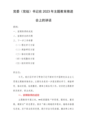 党委（党组）书记在2023年主题教育推进会上的讲话.docx