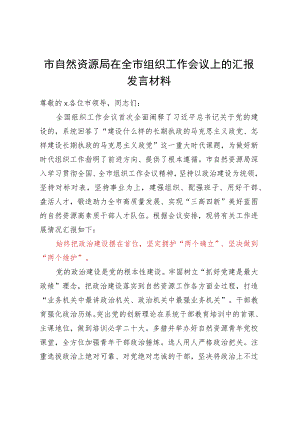 市自然资源局在全市组织工作会议上的汇报发言材料 .docx