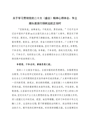 关于学习贯彻党的二十大（盛会）精神心得体会：争立潮头逐浪行扬帆远航正当时.docx