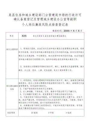 某县住房和城乡建设部门分管建筑市场的行政许可确认备案登记及管理城乡建设办公室人防管理等副职个人岗位廉政风险点排查登记表.docx