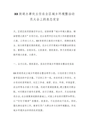 XX街道办事处主任在全区城乡环境整治动员大会上的表态发言.docx
