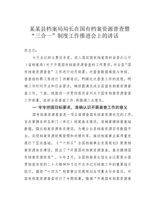 某某县档案局局长在国有档案资源普查暨“三合一”制度工作推进会上的讲话.docx