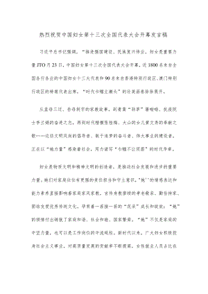 热烈祝贺中国妇女第十三次全国代表大会开幕发言稿.docx