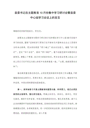 县委书记在主题教育10月份集中学习研讨会暨县委中心组学习会议上的发言.docx
