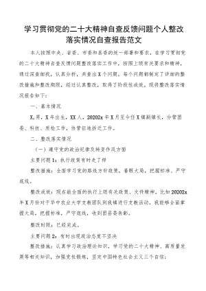 二十大精神自查反馈问题个人整改落实情况自查报告范文乡镇副镇长分管领导班子成员盛会报告工作汇报总结.docx