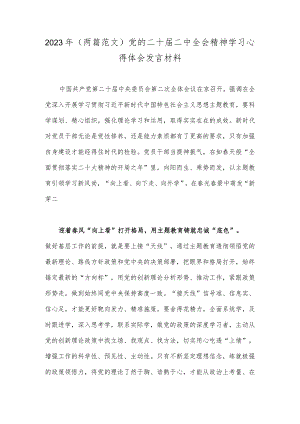 2023年（两篇范文）党的二十届二中全会精神学习心得体会发言材料.docx