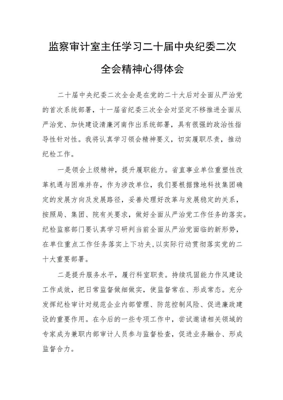 监察审计室主任学习二十届中央纪委二次全会精神心得体会.docx_第1页