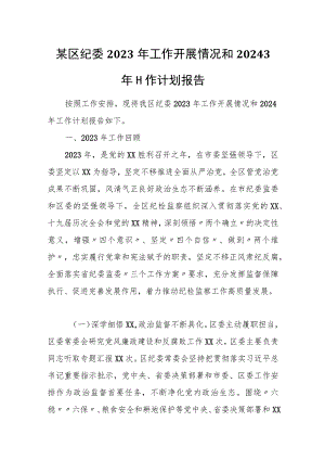 某区纪委2023年工作开展情况和20243年工作计划报告.docx