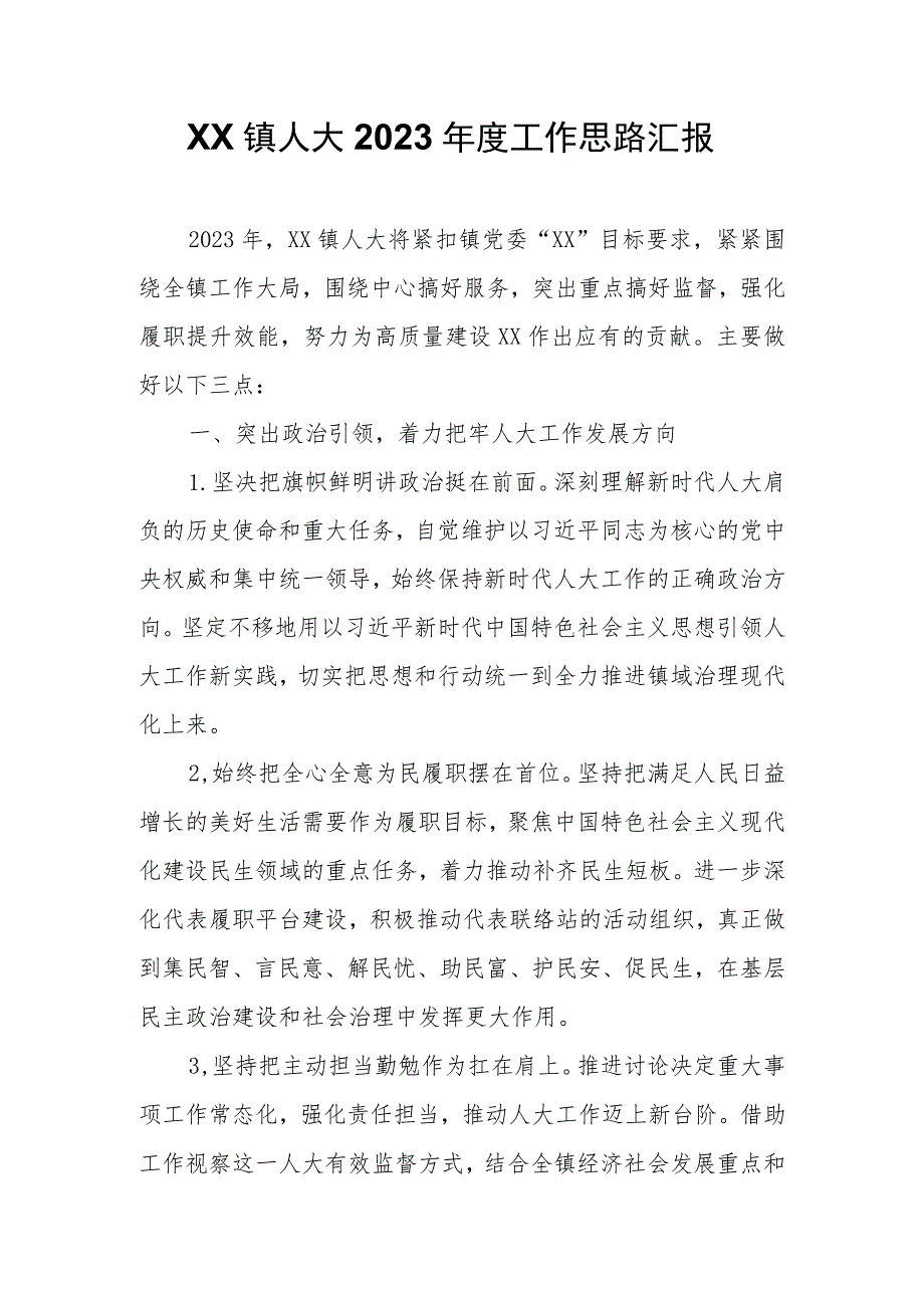 XX镇人大2023年度工作思路汇报.docx_第1页