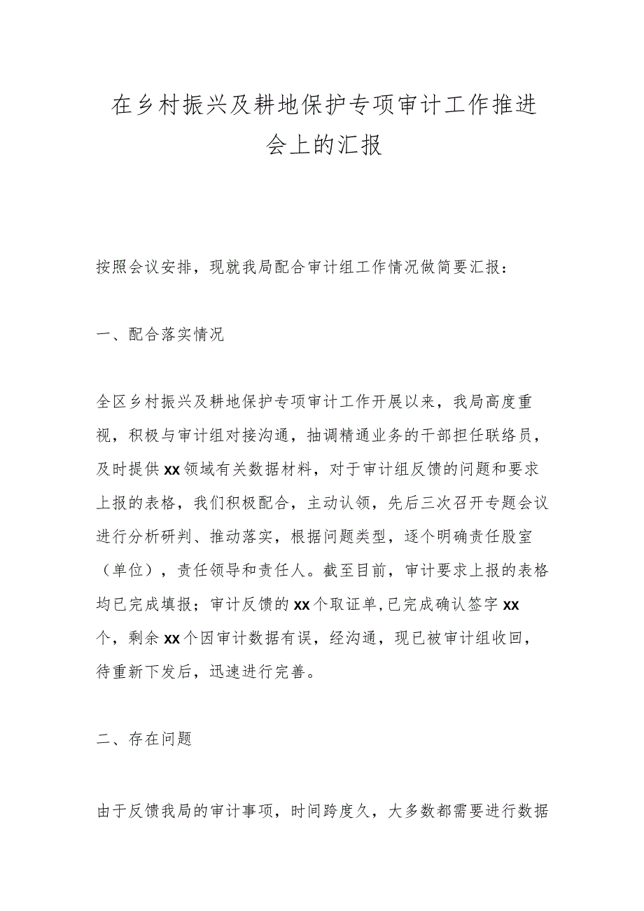 在乡村振兴及耕地保护专项审计工作推进会上的汇报.docx_第1页