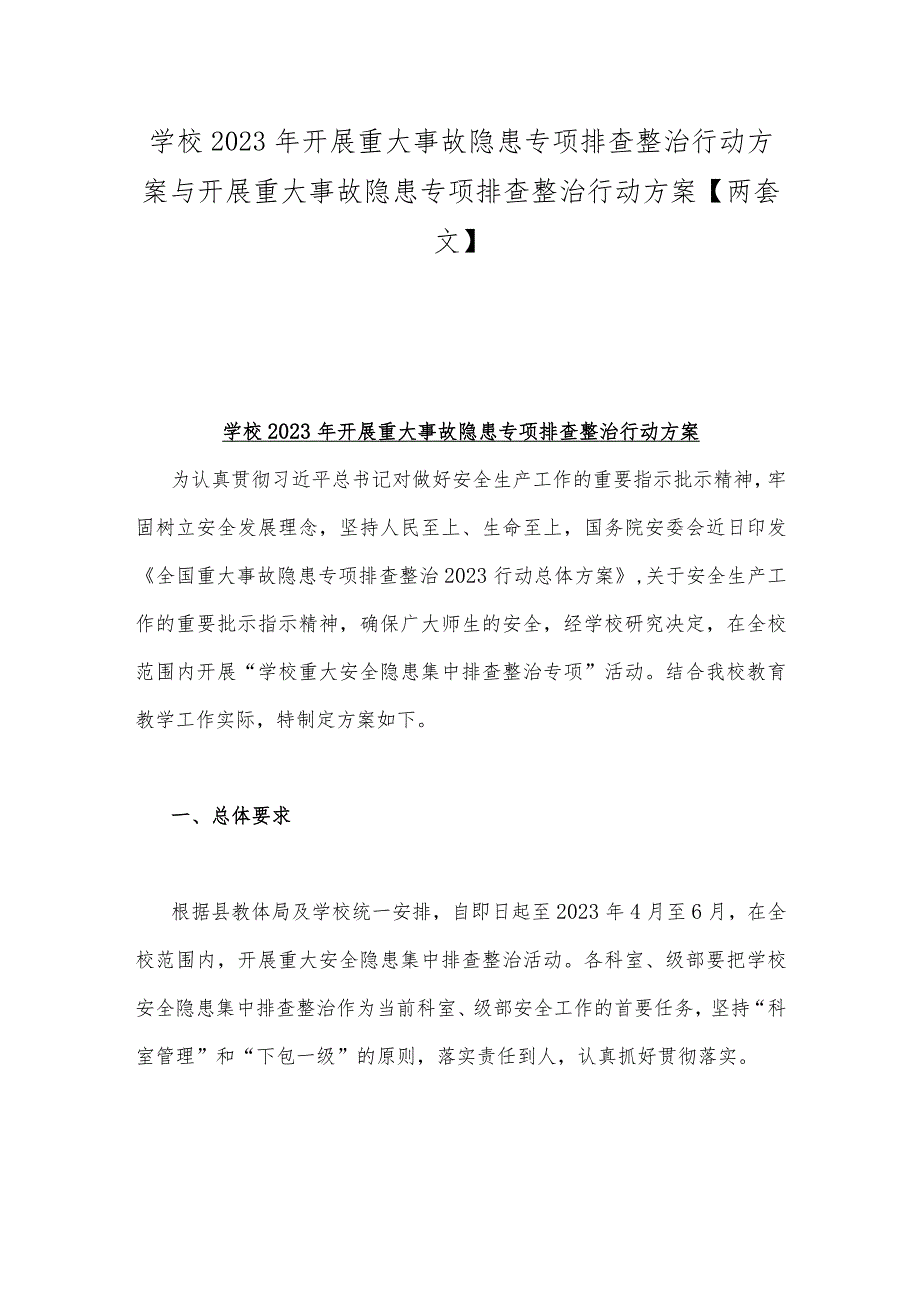 学校2023年开展重大事故隐患专项排查整治行动方案与开展重大事故隐患专项排查整治行动方案【两套文】.docx_第1页