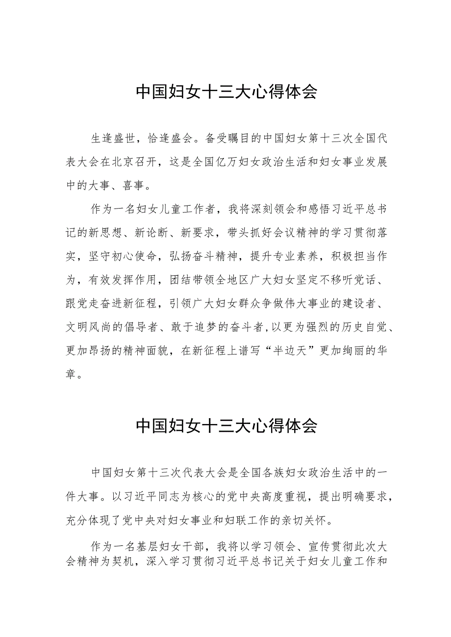 妇女干部学习中国妇女第十三次全国代表大会精神的心得感悟(十五篇).docx_第1页