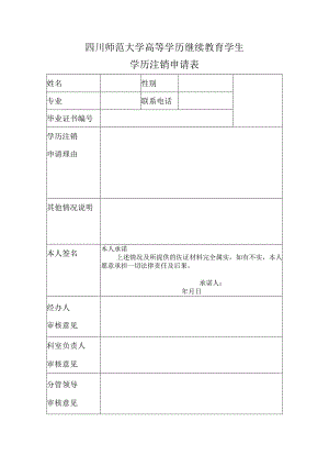 四川师范大学成人高等教育学历注销申请表.docx