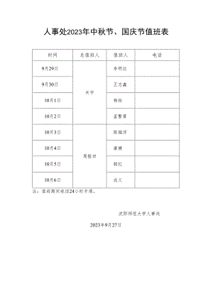 人事处2023年中秋节、国庆节值班表.docx