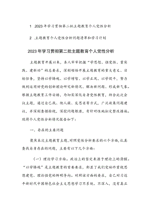 2023年学习贯彻第二批主题教育个人党性分析报告及个人党性分析问题清单和学习计划表范文2篇.docx