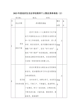 2023年度组织生活会学校教师个人整改清单表格（2）.docx