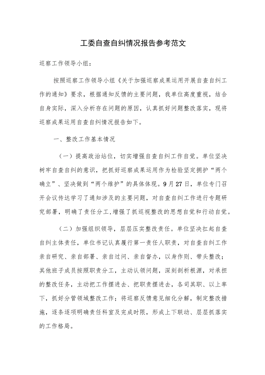 工委自查自纠情况报告参考范文.docx_第1页