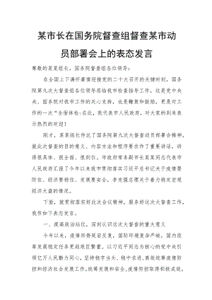 某市长在国务院督查组督查某市动员部署会上的表态发言.docx