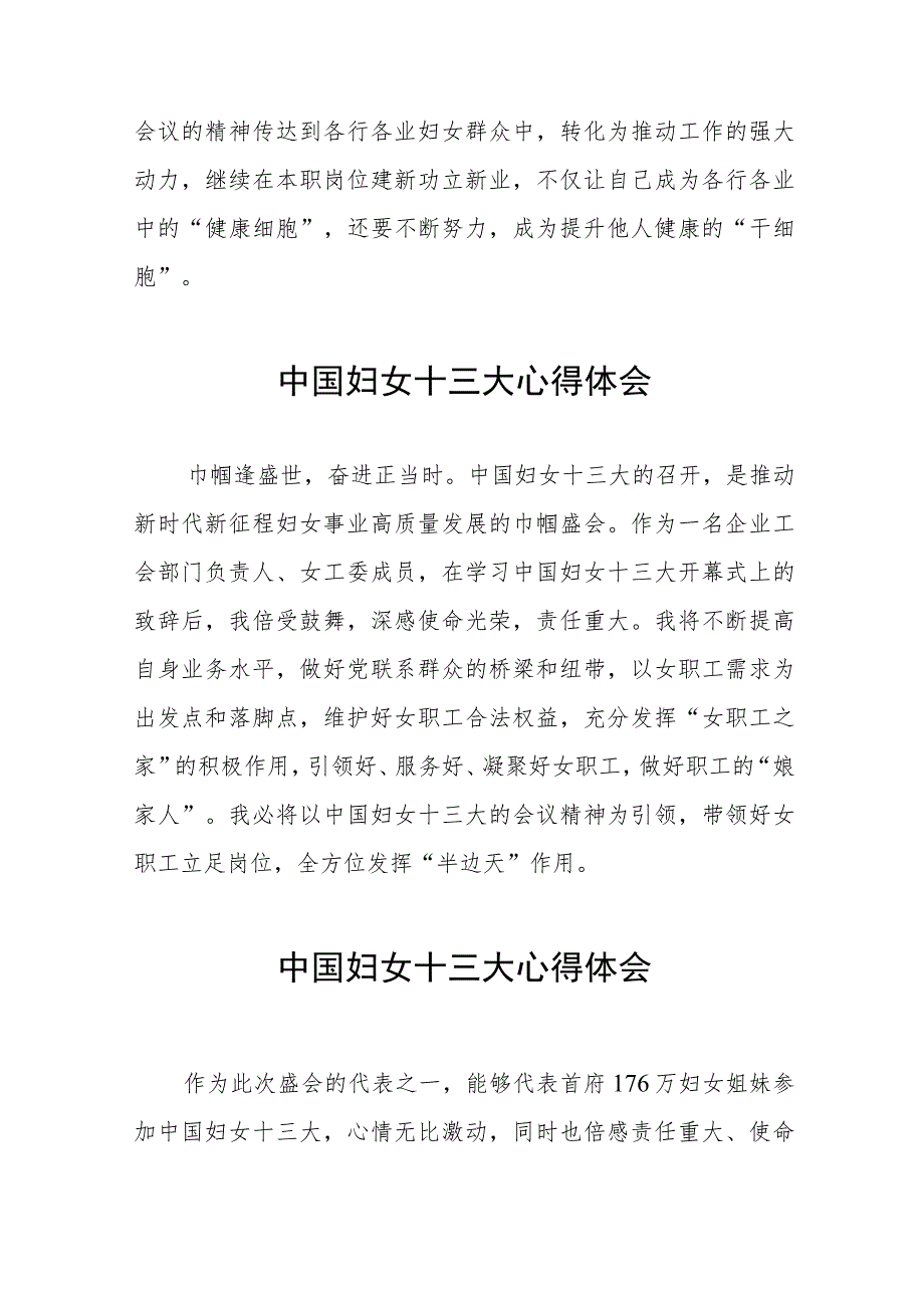 妇女干部学习中国妇女第十三次全国代表大会精神的心得体会三十三篇.docx_第3页