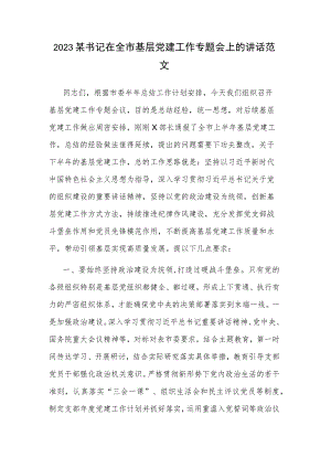 2023某书记在全市基层党建工作专题会上的讲话范文.docx