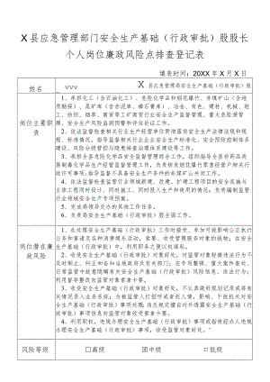 某县应急管理部门安全生产基础(行政审批)股股长个人岗位廉政风险点排查登记表.docx