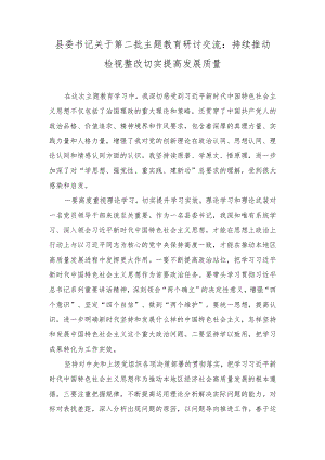 (2篇）2023年县委书记关于第二批主题教育研讨交流：持续推动检视整改 切实提高发展质量.docx