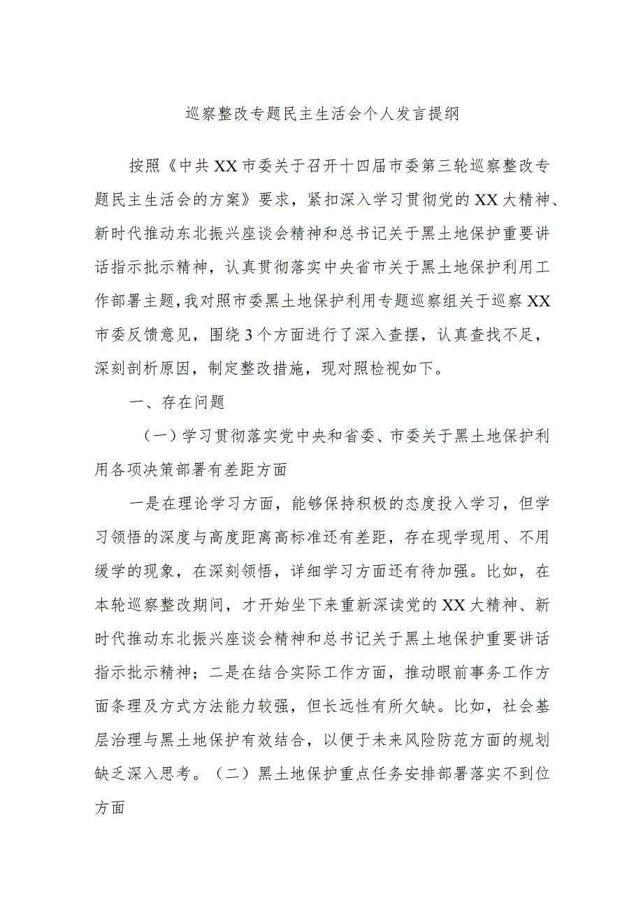 巡察整改专题民主生活会个人发言提纲.docx_第1页