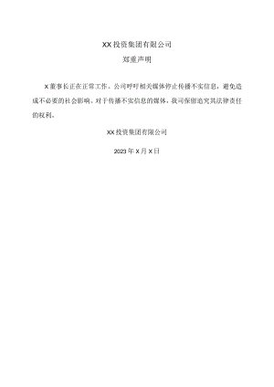 XX投资集团有限公司关于董事长正常工作的郑重声明.docx