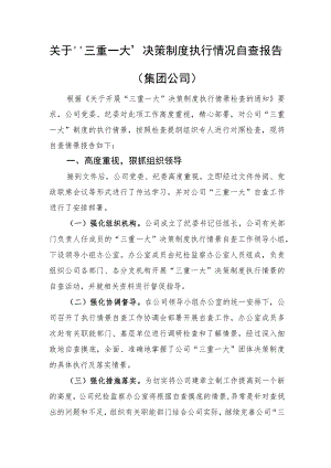 关于“三重一大”决策制度执行情况自查报告（集团）.docx