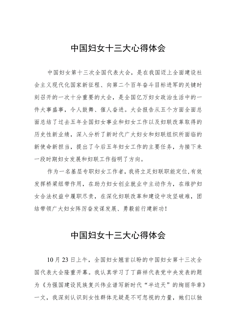 妇女工作者关于学习中国妇女十三大精神的心得体会三十三篇.docx_第1页
