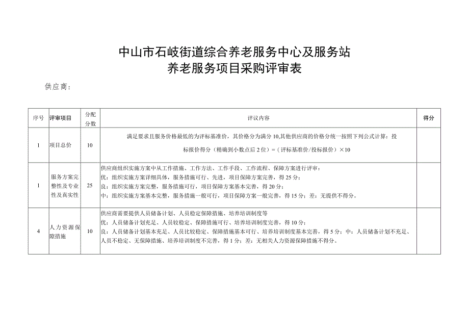 中山市石岐街道综合养老服务中心及服务站养老服务项目采购评审表.docx_第1页