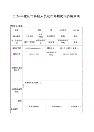 2024年重庆市科研人员赴市外顶岗培养需求表.docx