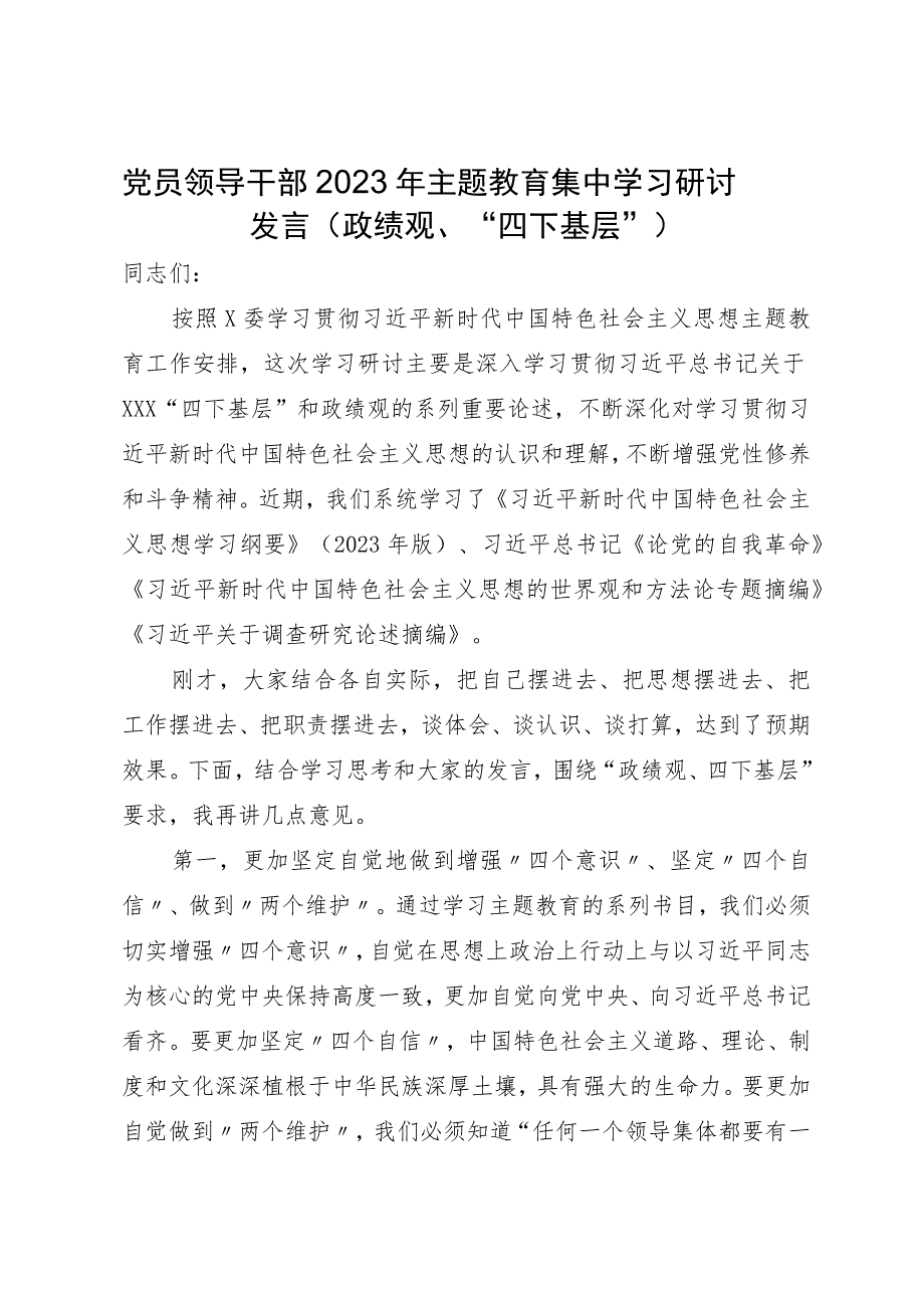 党员领导干部2023年主题教育集中学习研讨发言（政绩观、“四下基层”）.docx_第1页
