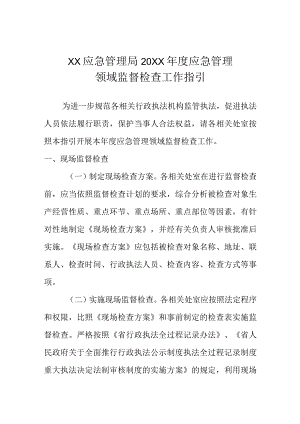 XX应急管理局20XX年度应急管理领域监督检查工作指引.docx