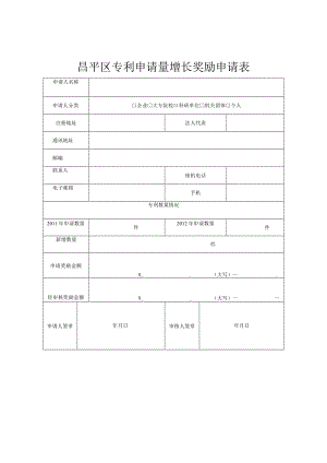 昌平区专利申请量增长奖励申请表（2013年）.docx